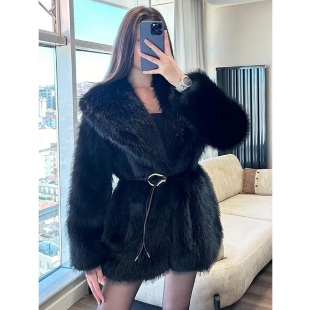Zara FAUX FUR COAT WITH BELT BLACK - Picture 7 of 16